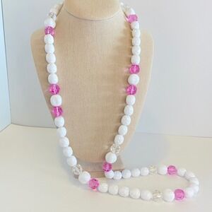 Monet Vintage White Pink Beaded Statement Necklace Spring Mod Chunky Long 40"